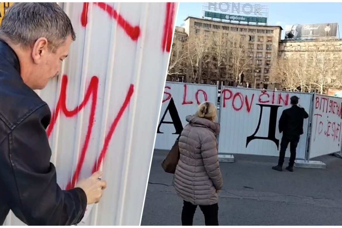 Jovanović Ćuta u centru Beograda ispisao grafite protiv SNS i Rio Tinta